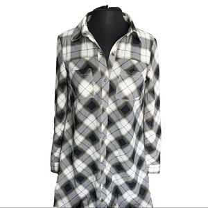 prAna Black and White Plaid Long Tunic Button Down Top size XS